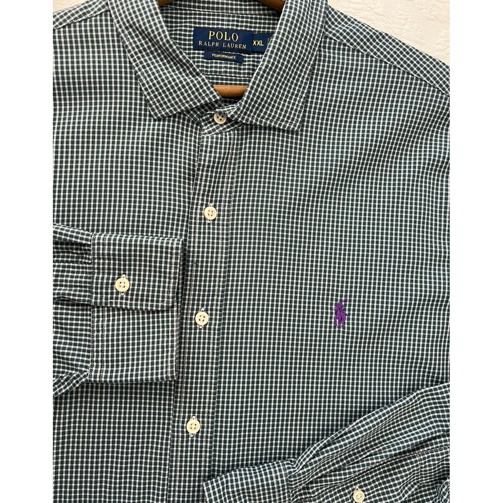 Polo Ralph Lauren Performance Shirt Mens XXL Green White Check Purple Pony